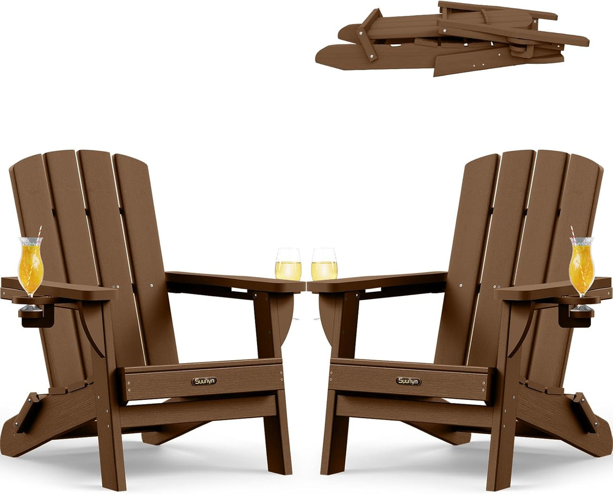 SUUNYN Folding Adirondack Chairs 2 Pack HDPE All-Weather With 2 Cup Holders