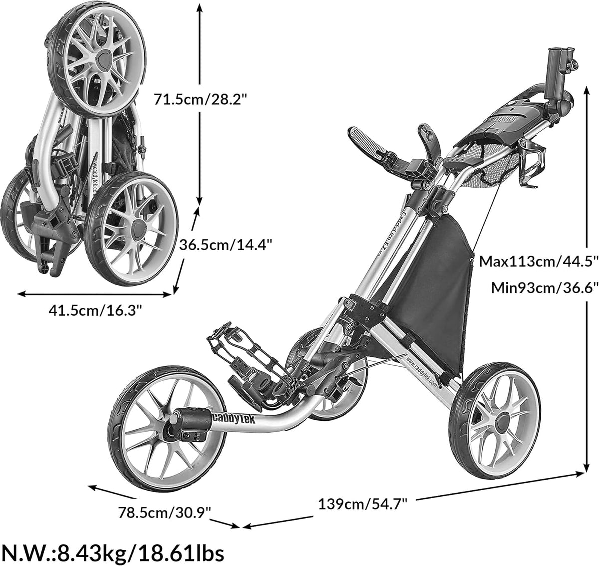 3-Wheel Foldable Golf Push Cart With Foot Brake - CaddyLite EZ V8