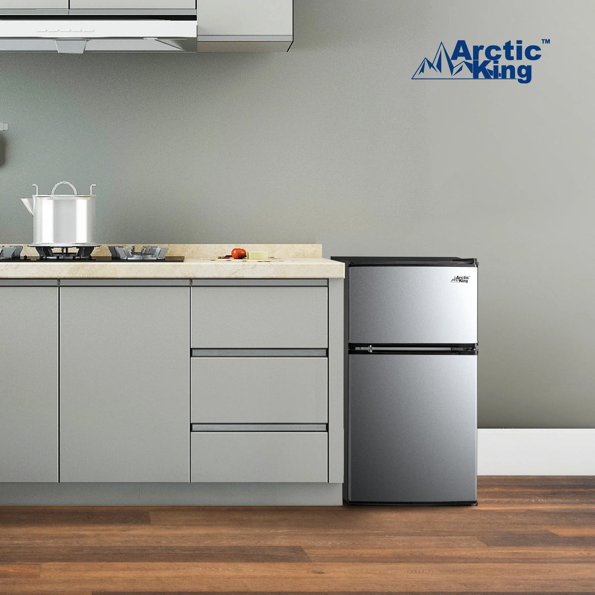 Arctic King Two-Door Mini Fridge With Freezer, 3.2 Cu ft, 18.5 in x 19.4 in x 33.3 in, Stainless Steel - E-Star