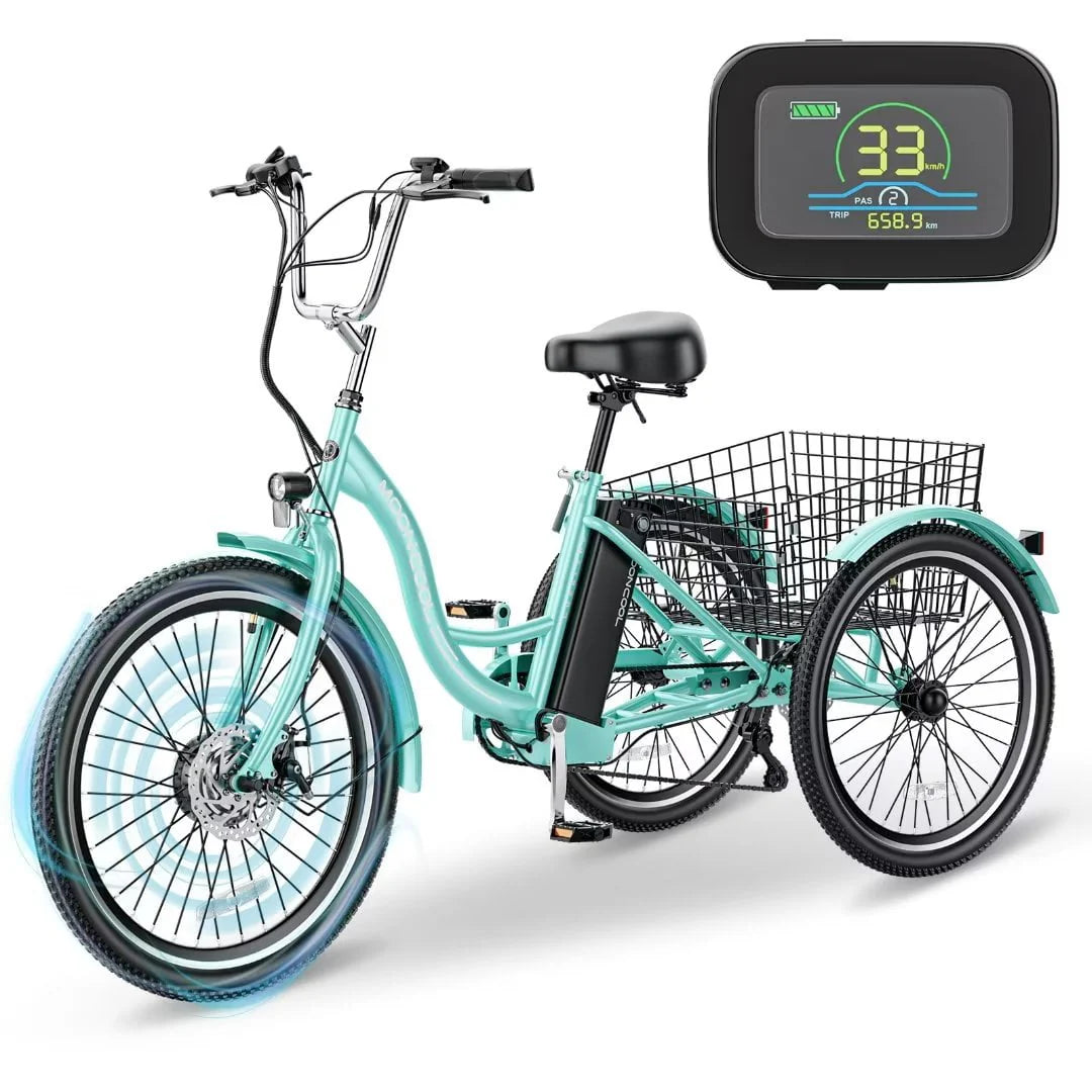 Docred 24in Electric Tricycle, 7 Speed 3 Wheel E-Bike With Large Basket, 350W 36V 10.4Ah - 15.5 MPH