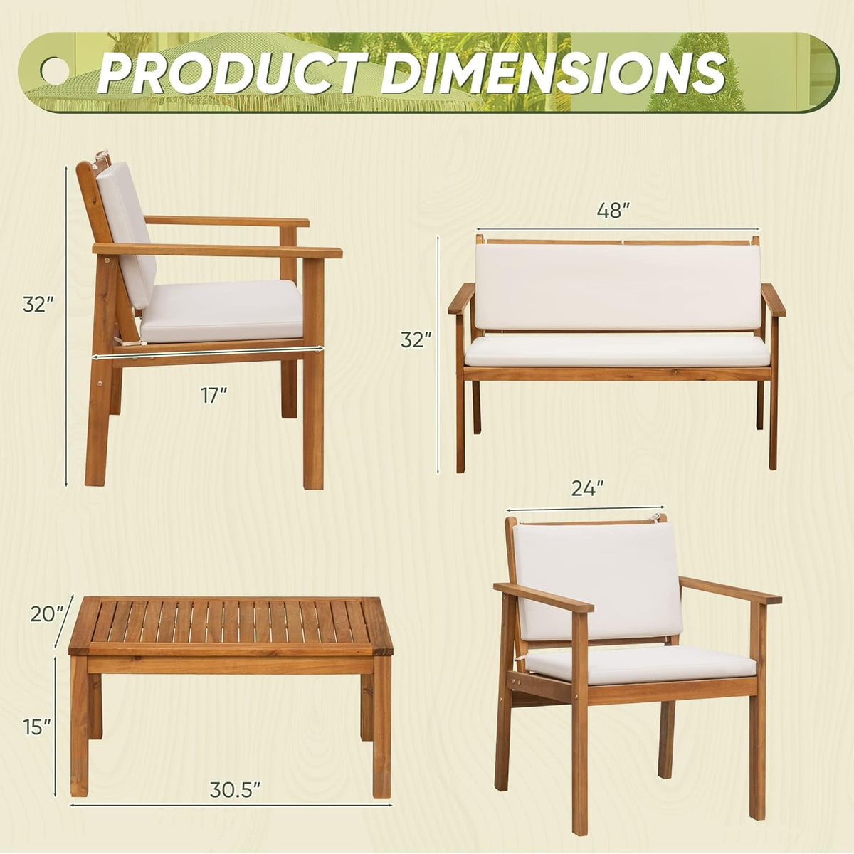 Flamaker 4-Piece Outdoor Acacia Wood Patio Conversation Sofa Set With Table And Cushions