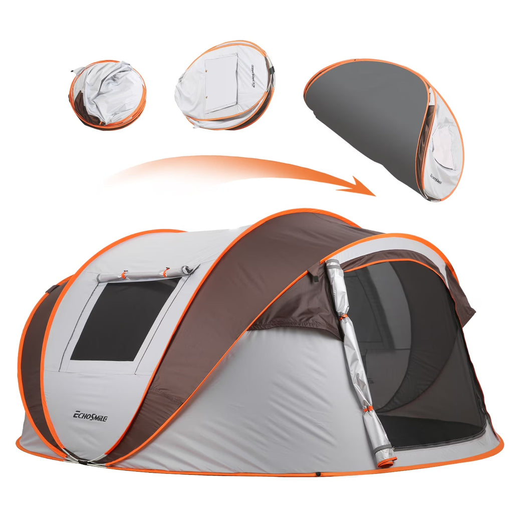 6 Person Instant Cabin Pop Up Tent, White + Orange, 10 Second Setup