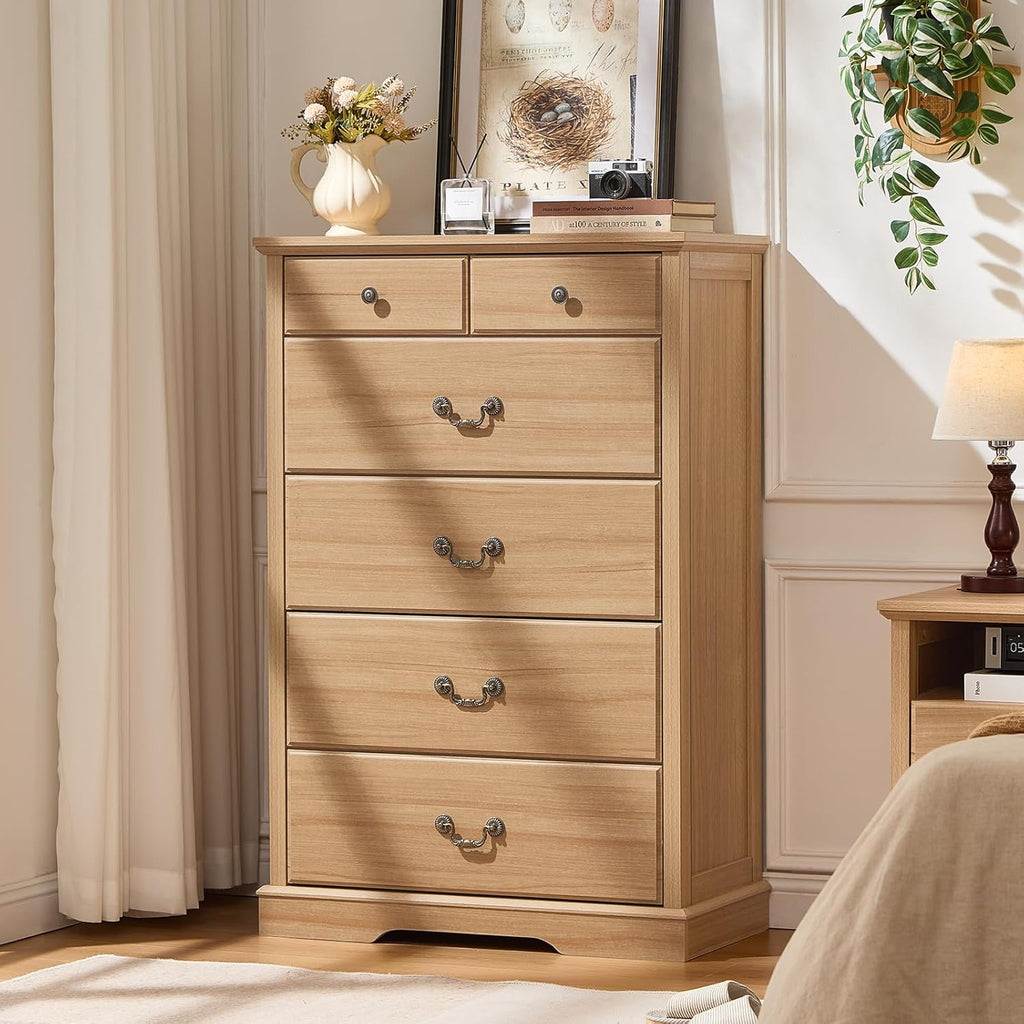 Farmhouse 6-Drawer Wood Dresser, Natural, 31.5 x 15.5 x 47 Inch