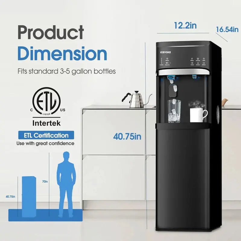 Bottom-Load Self-Cleaning Water Dispenser With Built-In Ice Maker, 5 Gallons, Black