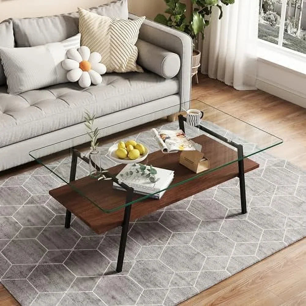 HBBOOMLIFE 2-Tier Rectangular Glass Coffee Table With Tempered Glass Top And Wood Center - Brown Glass/Coffee Brown