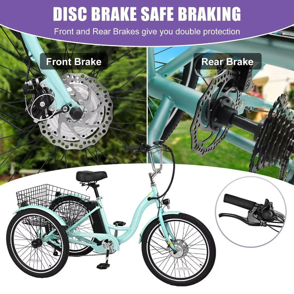 Docred 24in Electric Tricycle, 7 Speed 3 Wheel E-Bike With Large Basket, 350W 36V 10.4Ah - 15.5 MPH