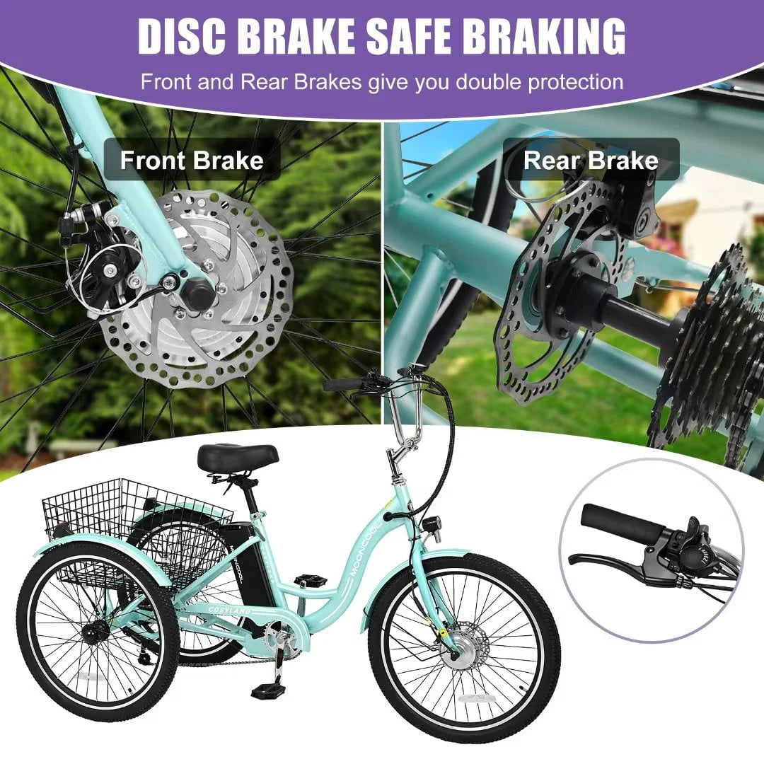 Docred 24in Electric Tricycle, 7 Speed 3 Wheel E-Bike With Large Basket, 350W 36V 10.4Ah - 15.5 MPH
