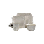 Elama Ivory Lotus 16 Piece Square Stoneware Dinnerware Set