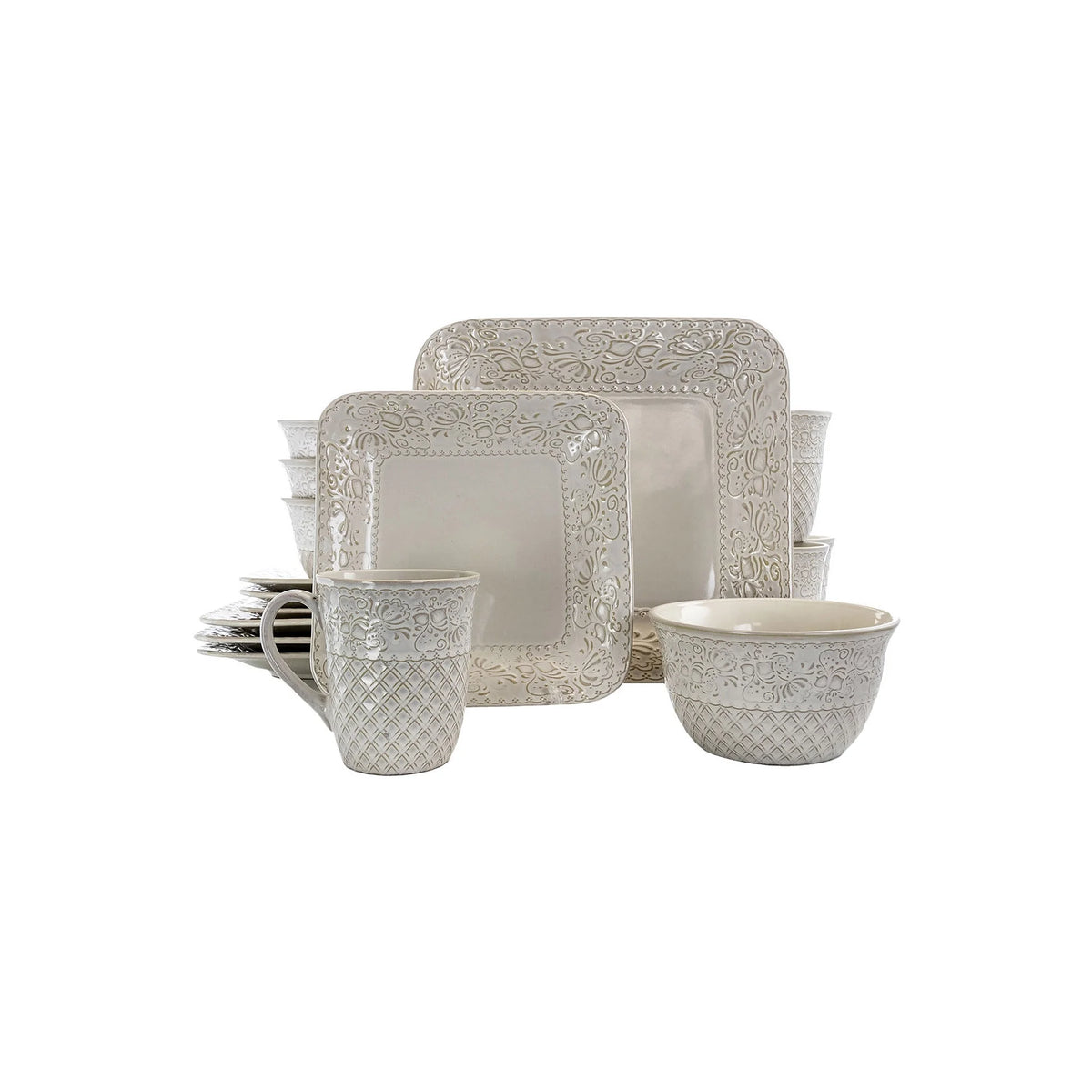 Elama Ivory Lotus 16 Piece Square Stoneware Dinnerware Set