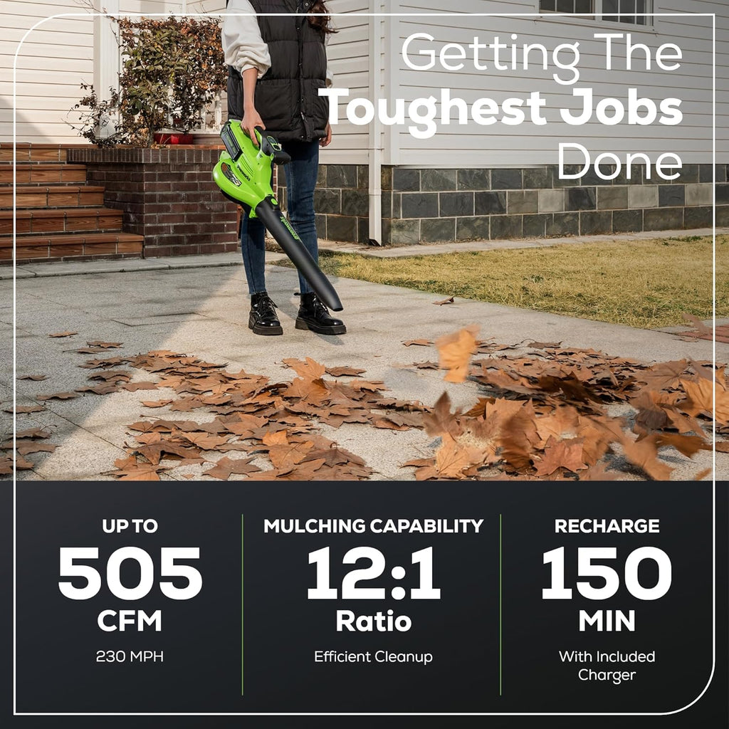 Greenworks 40V Cordless Brushless Leaf Blower Vacuum With Bag, 230 MPH, 505 CFM, 5.0Ah Battery And Charger