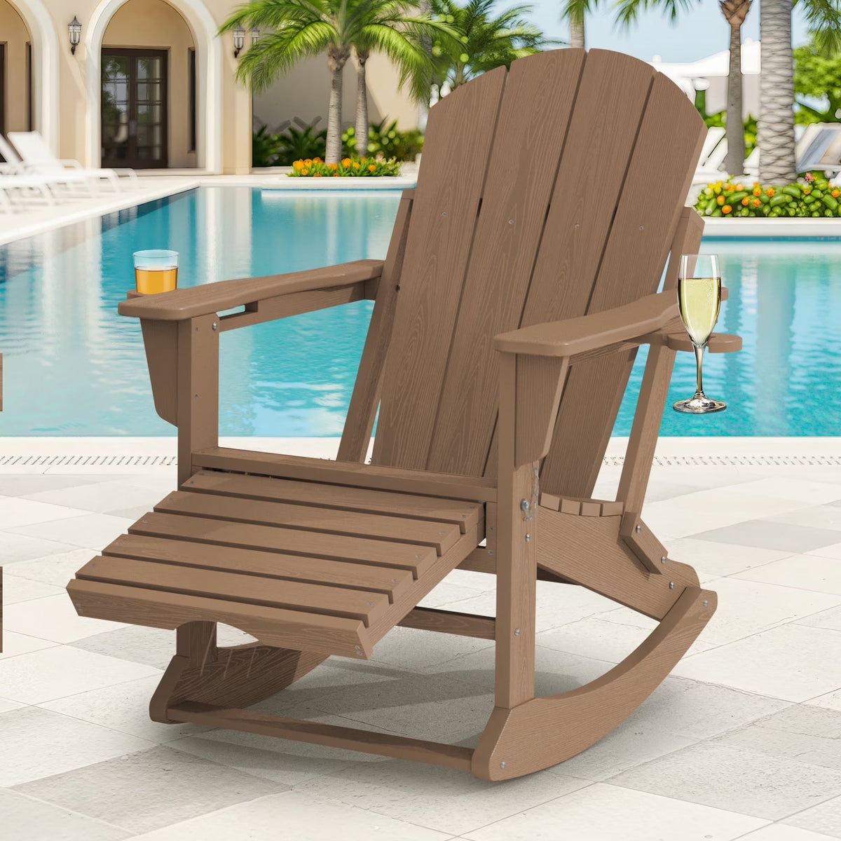 KINGYES Folding Adirondack Rocker Chair Set Of 2 With Footrest And Dual Cup Holders - Black
