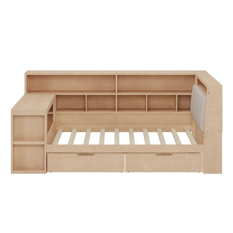 Ivery Furniture L-Shaped Wooden Twin/Full Daybed With Desk, Bookcase, Drawers And RGB Light - Natural/White