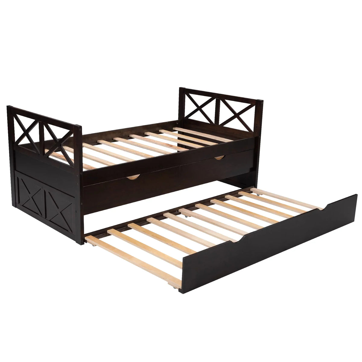 Captain Wood Twin Bed With Trundle And 3 Drawers, Brown, 78.9 in L x 42.7 in W x 36.2 in H