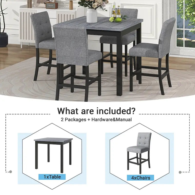 5 Piece Counter Height Wood Dining Set With Rectangle Table And 4 Upholstered High-Back Chairs - 35.4x35.4x36in