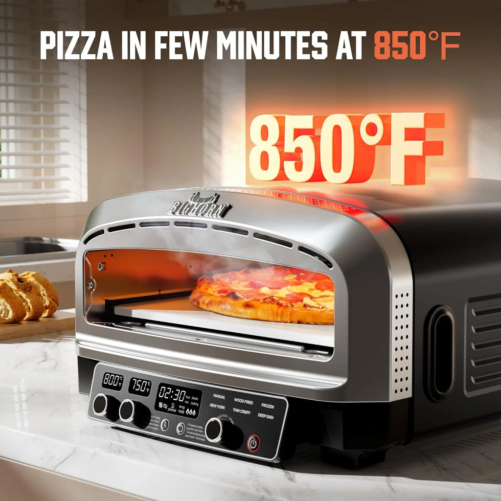 BIG HORN OUTDOORS Countertop Electric Pizza Oven, 14-inch, Stainless Steel, Black/Silver