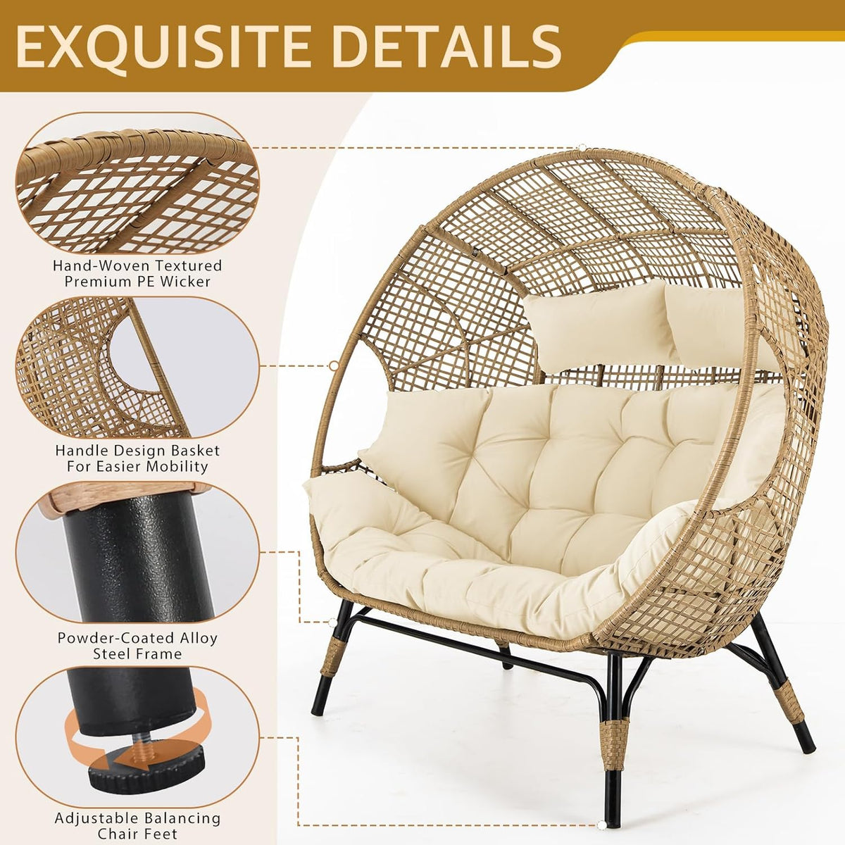 NICESOUL Double Egg Wicker Loveseat Chair, 2 Person, Beige
