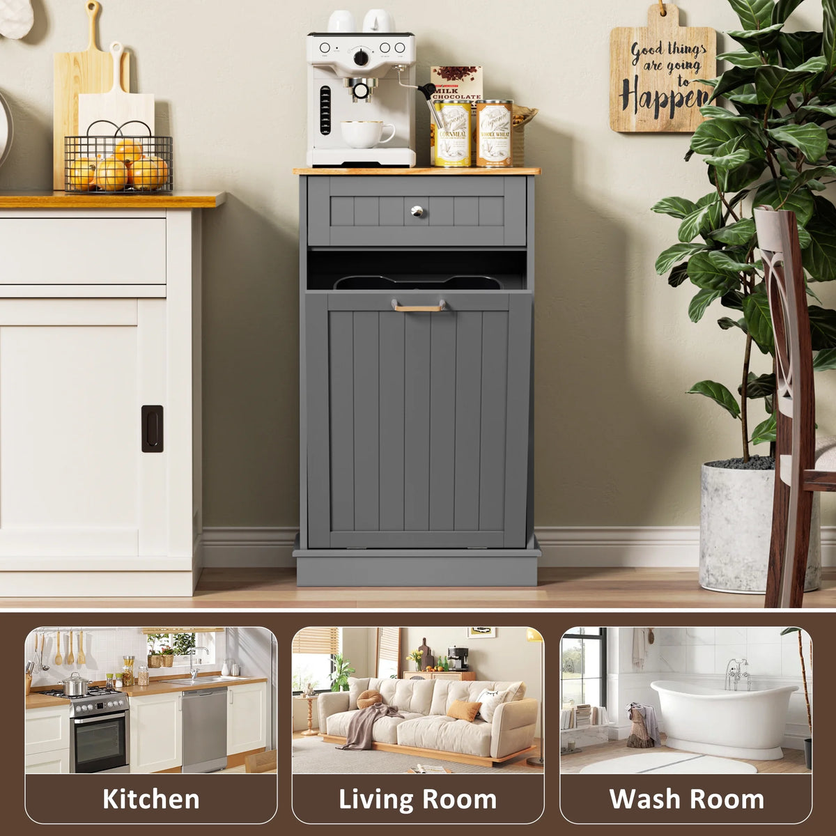 HARIPUL Single Tilt-Out Trash Cabinet For 13 Gallon Waste Bin, White