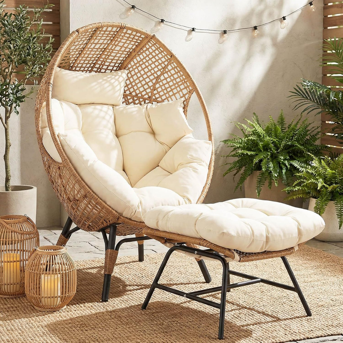 NICESOUL Wicker Egg Chair With Ottoman, Beige - 440 Lbs