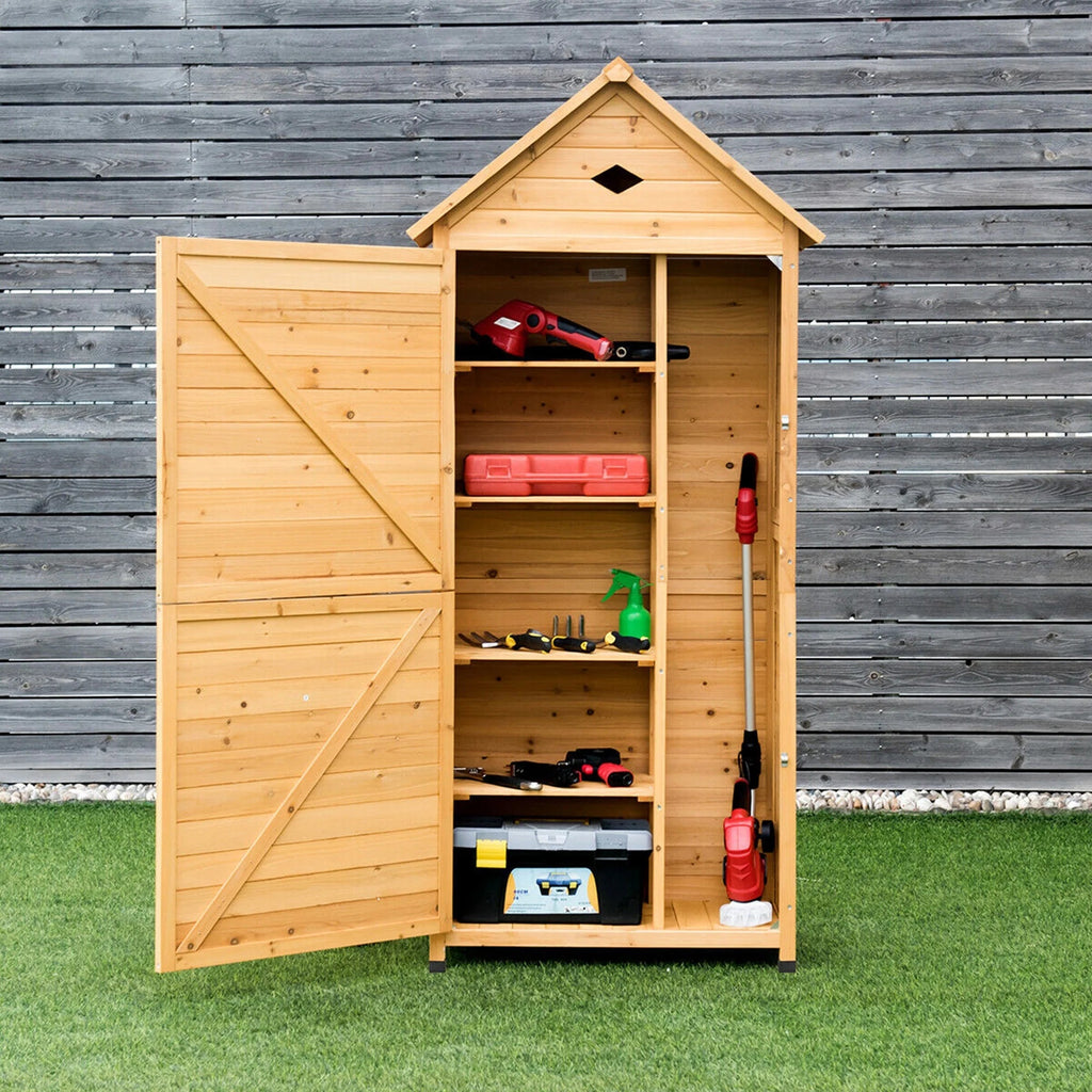 Gymax Outdoor Wooden Garden Tool Storage Shed With 5 Shelves, 28'' x 18'' x 63'' - Natural