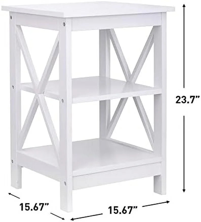 ASDRFYU 3-Tier Wooden End Table With Shelves, X-Design, White