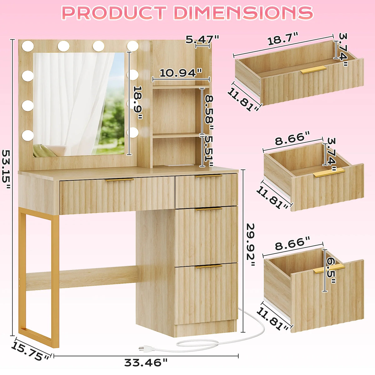 Ktaxon Vanity Makeup Table With Stool, 3-Color Lighted Mirror, 3 Shelves, Drawers, White - 35.43 x 15.55 x 29.53-53.27 in