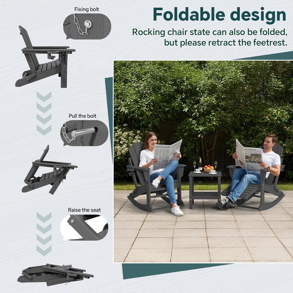 KINGYES Folding Adirondack Rocker Chair Set Of 2 With Footrest And Dual Cup Holders - Black