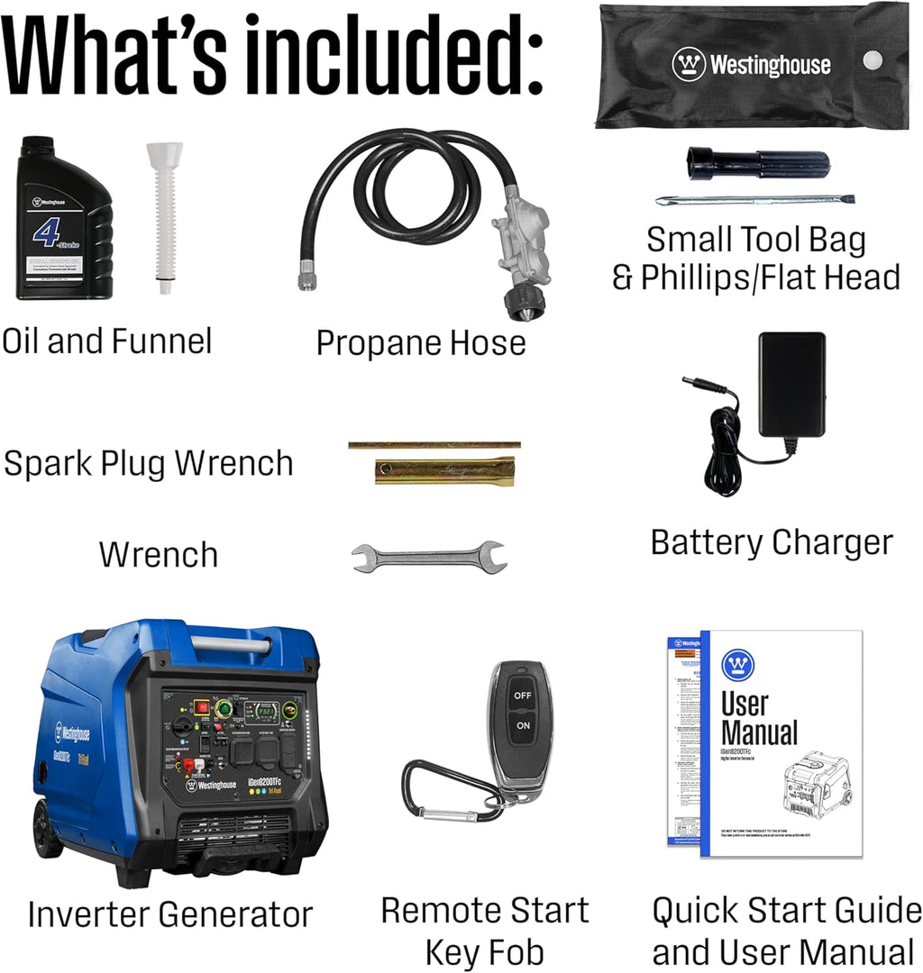 Westinghouse Tri-Fuel Portable Inverter Generator 8200 Peak Watt With Remote Electric Start - iGen8200TFc