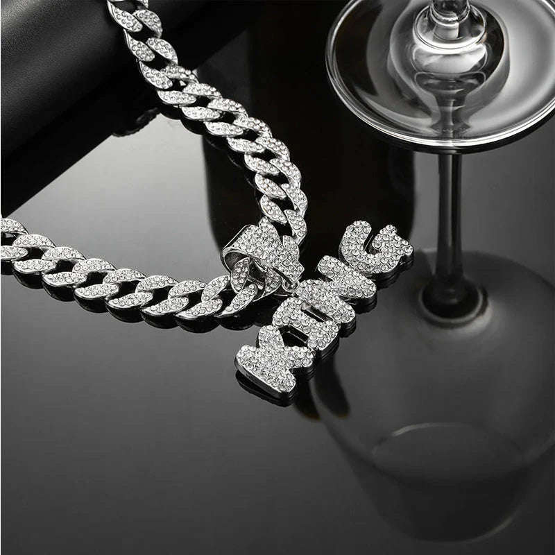 Full Diamond King Football Pendant Necklace With 20in Cuban Link Chain, 13mm Width