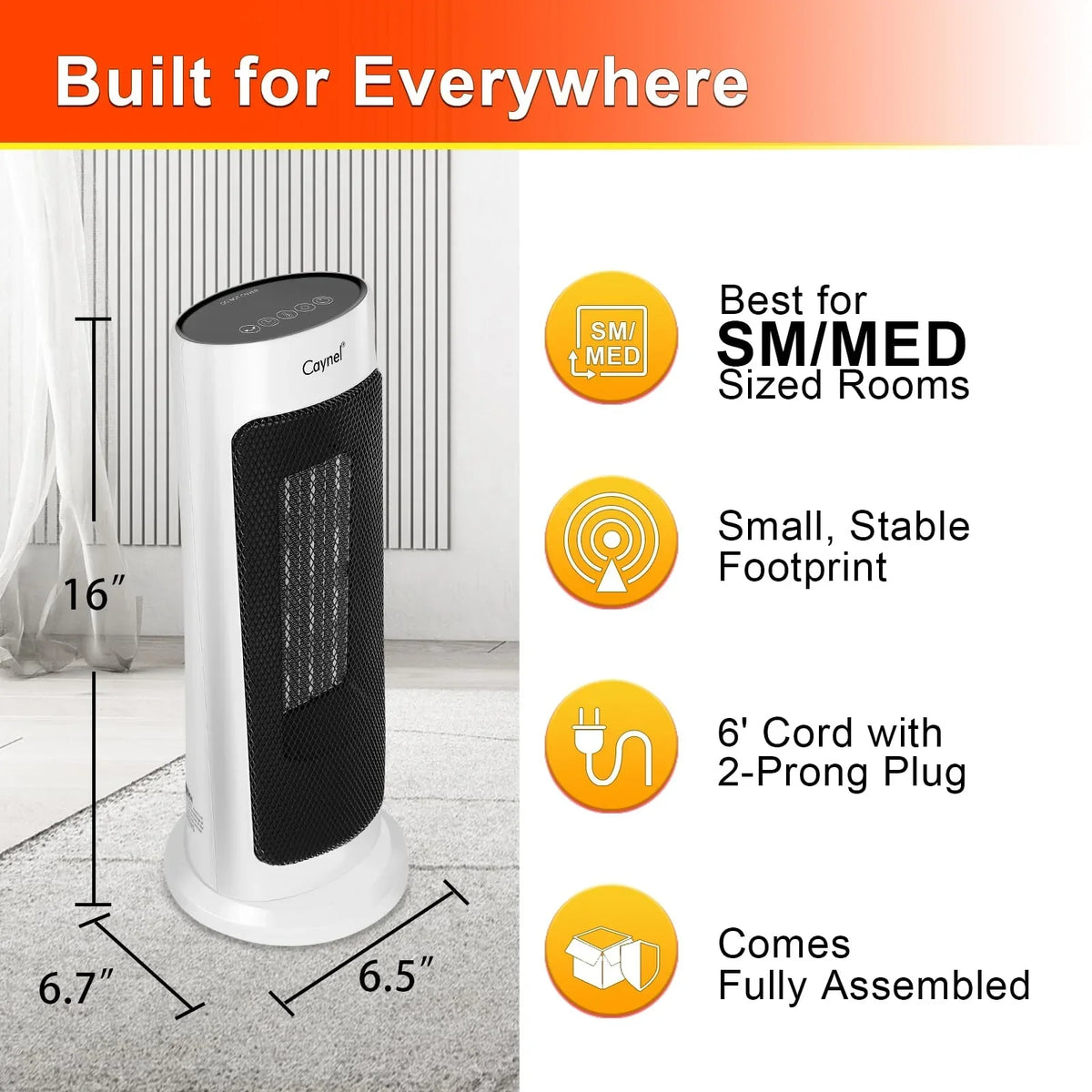 Caynel Oscillating Ceramic Tower Space Heater, 1500W, White