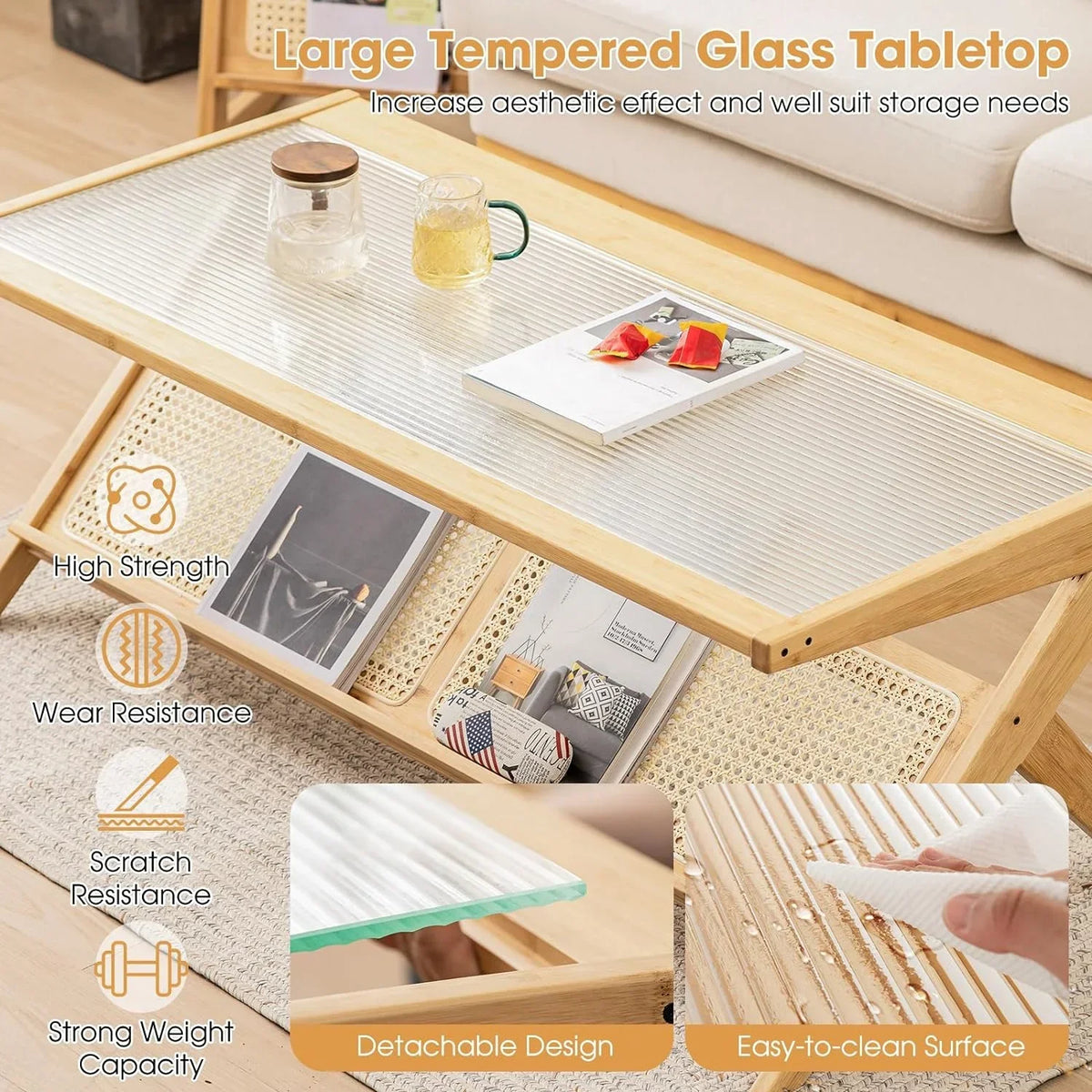 Bamboo 2-Tier Rectangular Coffee Table With Glass Tabletop And Rattan Storage Shelf - Natural