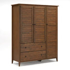 Solid Pine Wood Armoire, 3 Doors, 2 Drawers, 5 Shelves, 73.75 in H x 59.5 in W x 21.5 in D