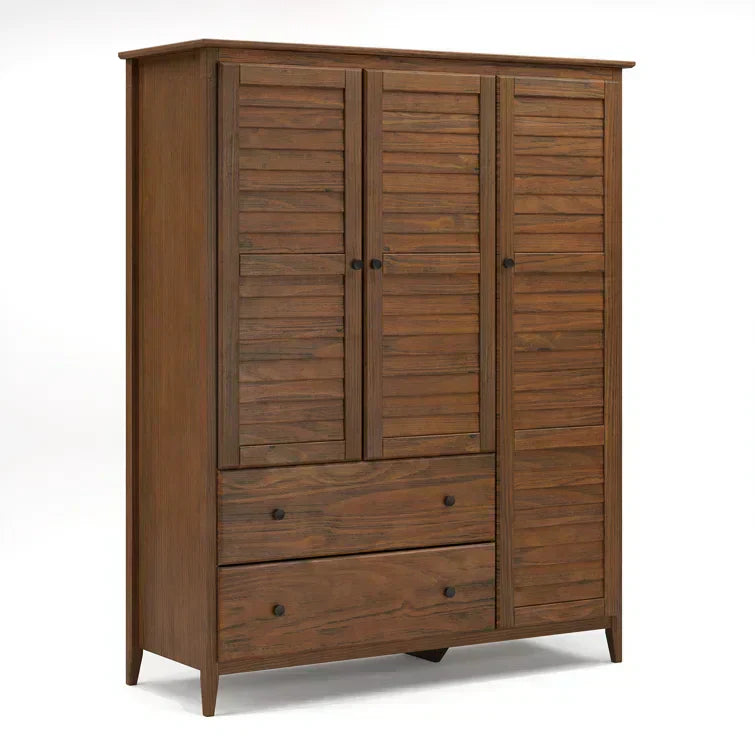 Solid Pine Wood Armoire, 3 Doors, 2 Drawers, 5 Shelves, 73.75 in H x 59.5 in W x 21.5 in D