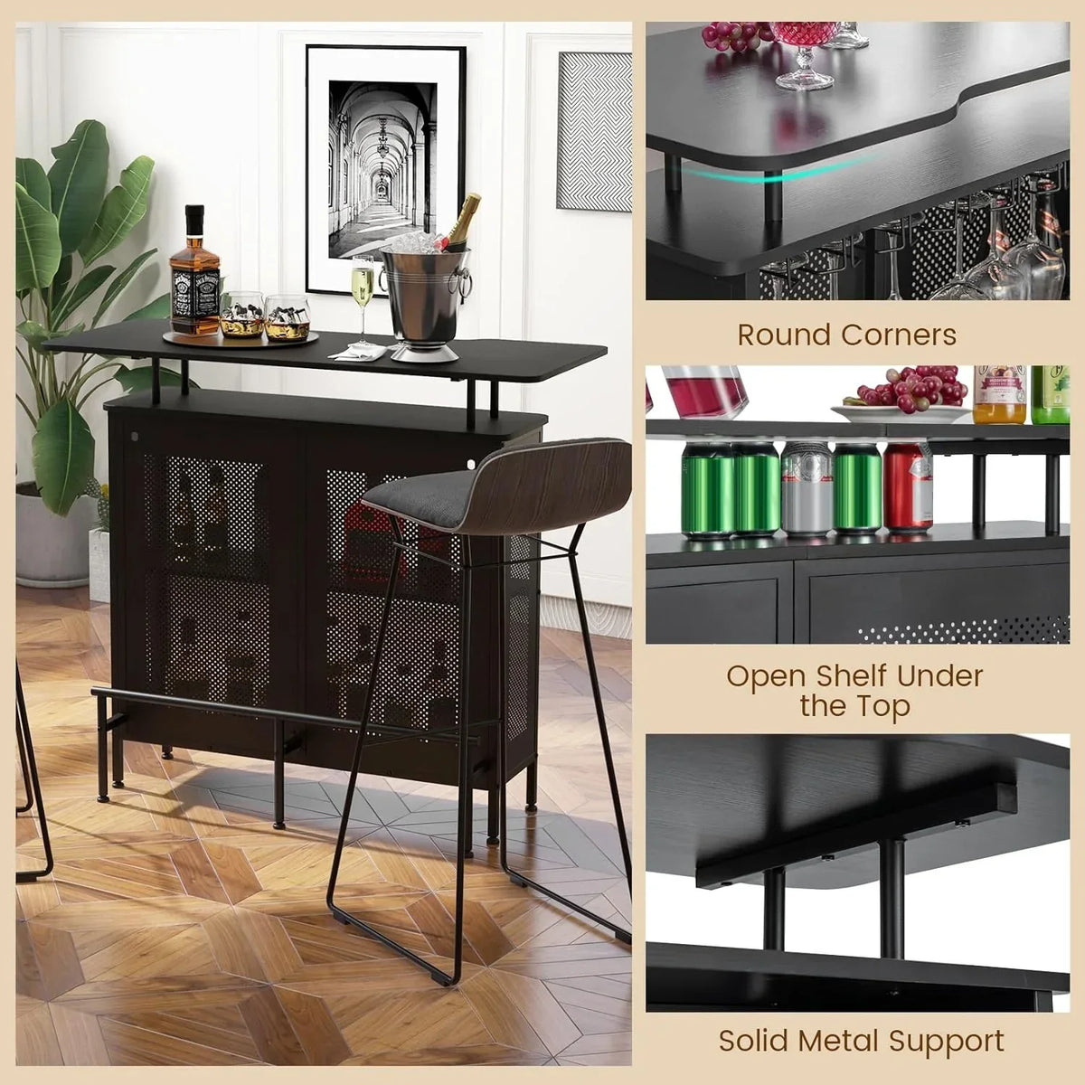 FJU 4-Tier Home Bar Cabinet With 2 Wine Storage Shelves, 6 Stemware Holders, Metal Front And Footrest, Black - 48 x 20 x 42 in