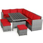 7-Piece Rattan Patio Dining Set With 3 Corner Chairs, 3 Ottomans And Table