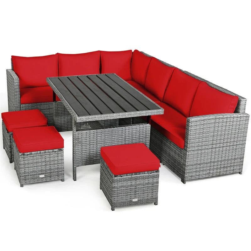 7-Piece Rattan Patio Dining Set With 3 Corner Chairs, 3 Ottomans And Table
